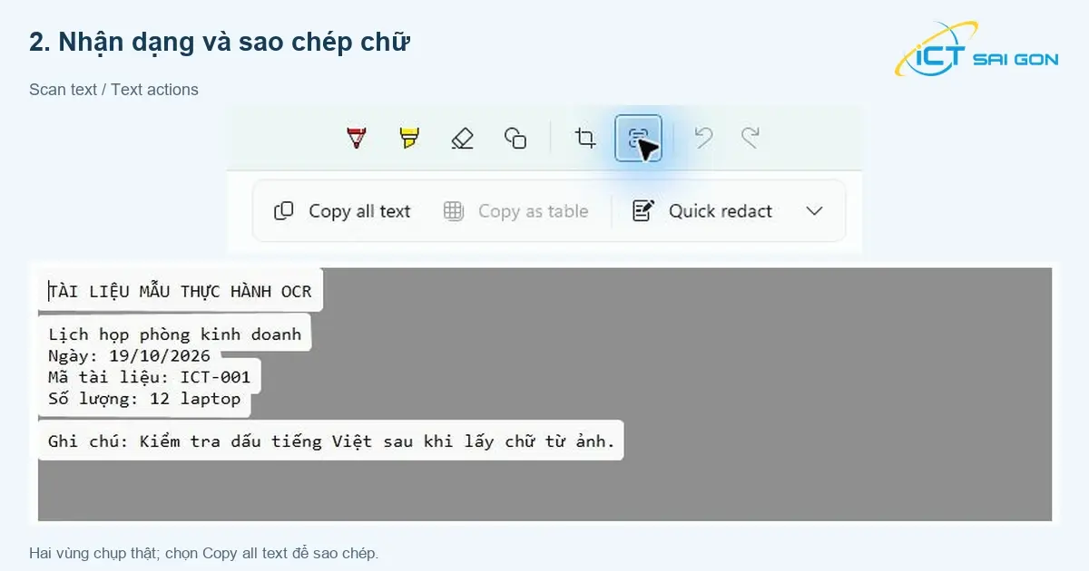 Giao diện thật của Snipping Tool hiển thị Scan text, Copy all text và các dòng đã nhận dạng.