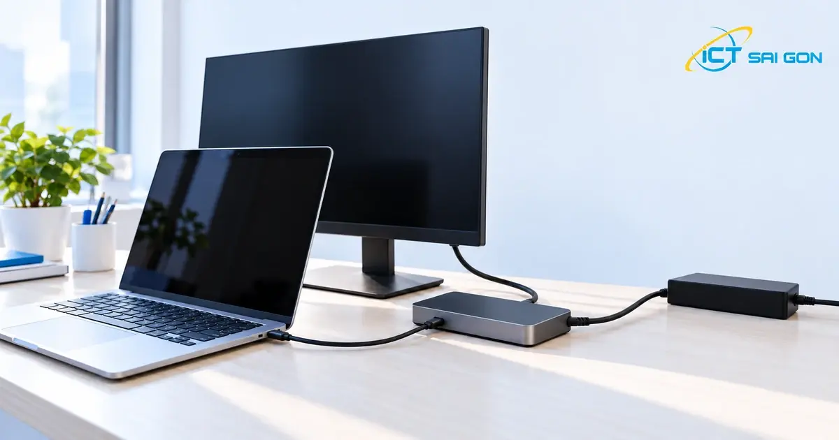 Laptop kết nối dock USB-C và màn hình ngoài trên bàn làm việc