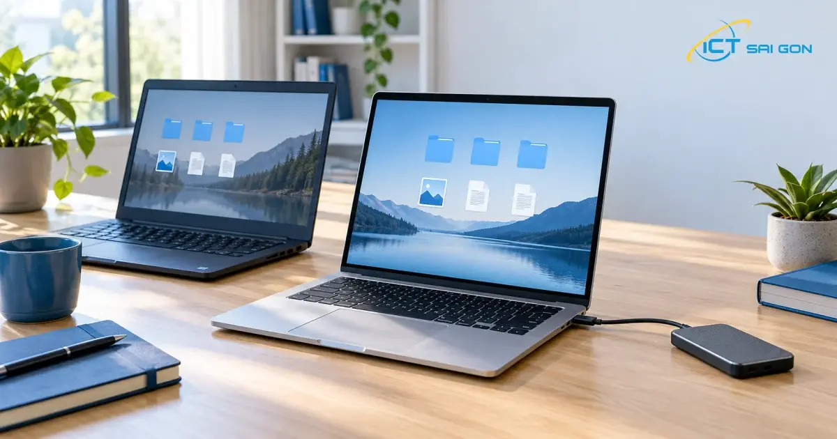 Hai laptop trên bàn, ổ SSD ngoài kết nối với laptop mới để chuyển các tệp đã chọn.