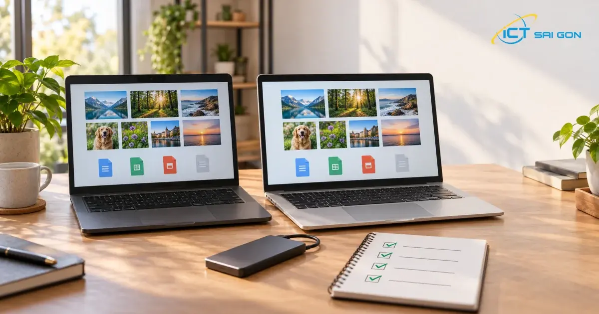 Hai laptop hiển thị các biểu tượng tài liệu và ảnh tương ứng, bên cạnh bảng kiểm và ổ SSD ngoài.