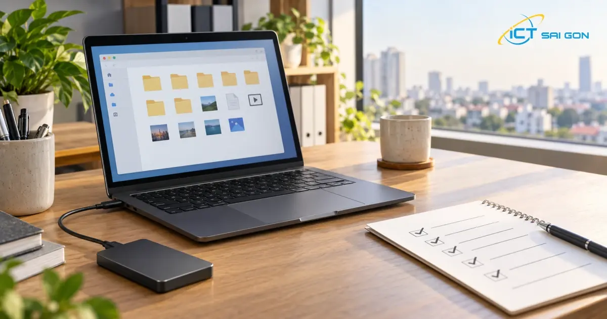 Laptop, ổ SSD ngoài và bảng kiểm trên bàn làm việc trước khi chuyển dữ liệu.