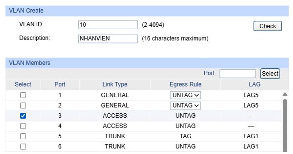 Biểu mẫu VLAN 10 NHANVIEN trên trình giả lập TP-Link TL-SG2424