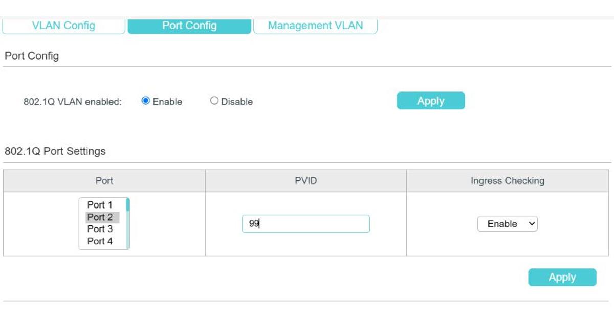 Emulator TL-SG216E: chọn Port2, nhập PVID99 và Ingress Checking Enable tại Port Config