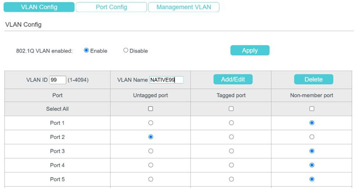 Emulator TL-SG216E: nhập VLAN99 NATIVE99 và chọn Port2 Untagged tại VLAN Config