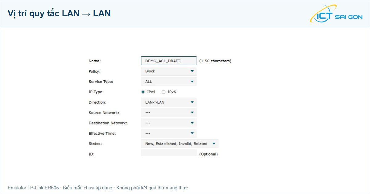 Biểu mẫu ACL emulator ER605 hiển thị Direction LAN to LAN, Source Network, Destination Network và States
