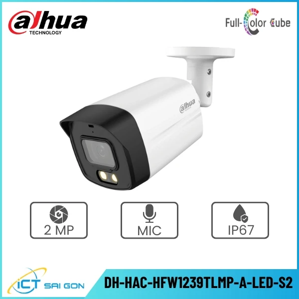 Camera HDCVI DAHUA DH-HAC-HFW1239TLMP-A-LED-S2 2MP Full color Tích hợp Mic