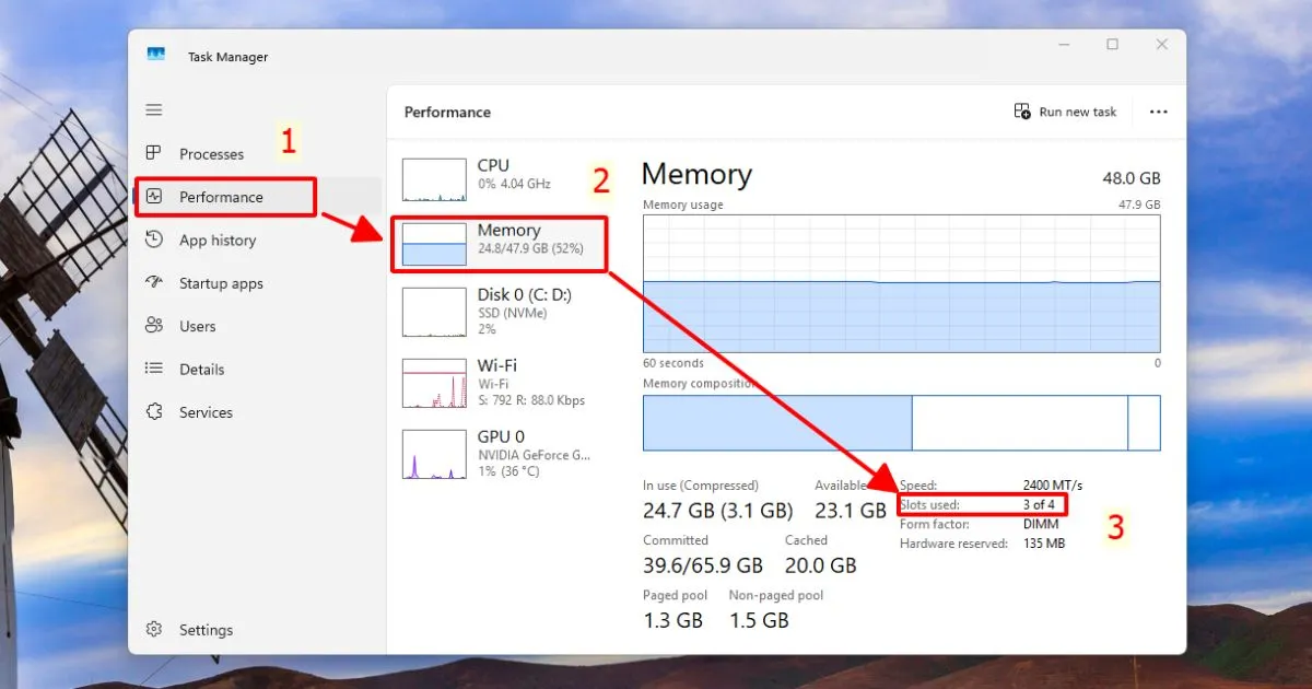 Kiểm tra khe cắm ram còn trống - Task Manager