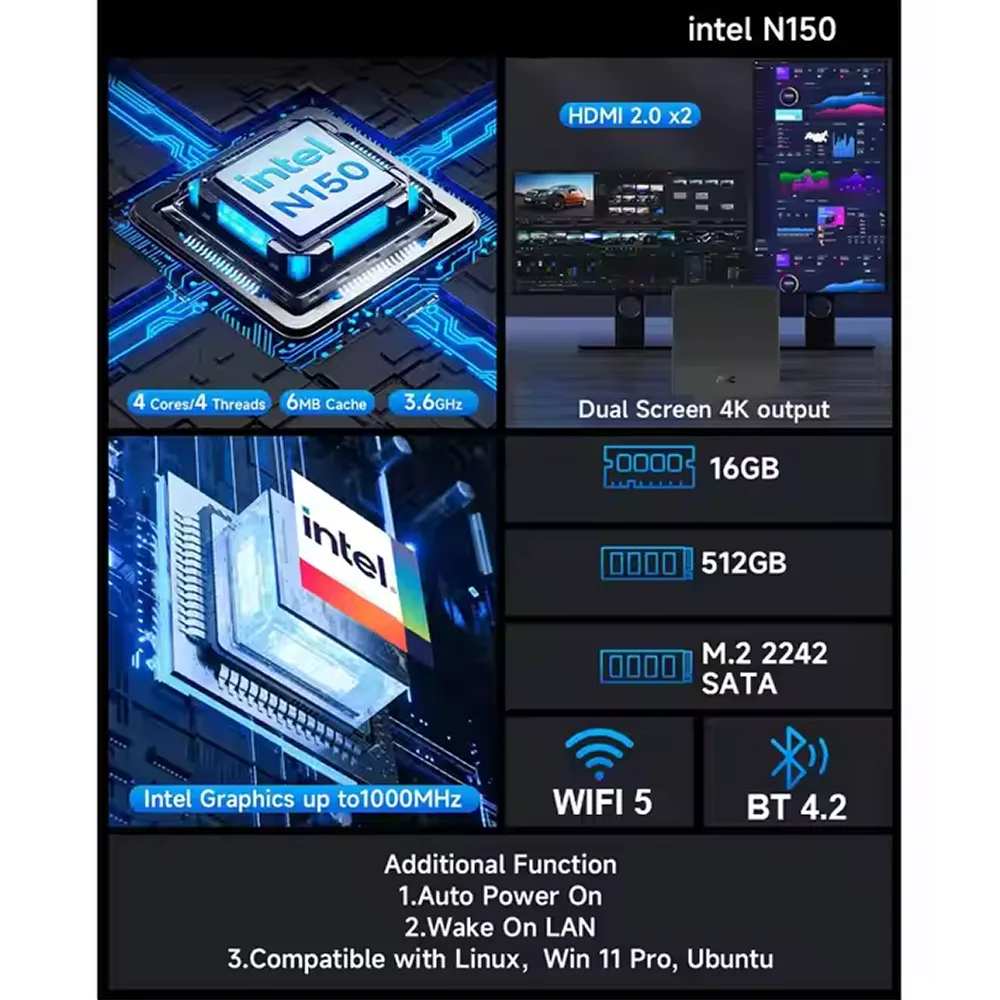 Mini PC AOC N150 Custom (8GB DDR4/ 512GB M.2 / WIFI 6+ Bluetooth/ 2 cổng LAN 2.5Gbps)