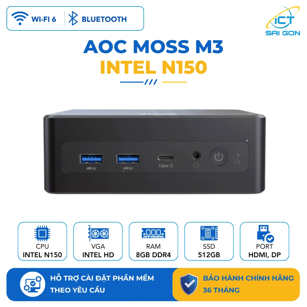 Mini PC AOC Moss M3 N150 Custom (8GB DDR4/ 512GB M.2 / WiFi 6+ Bluetooth/ 2 cổng LAN 2.5Gbps)