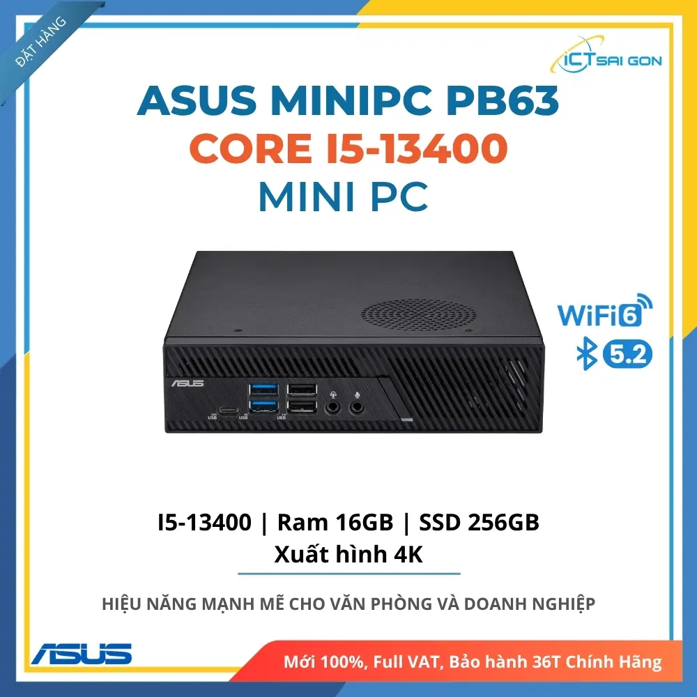 Mini PC ASUS PB63 CPU Intel i5-13400, Ram 16GB, SSD 256GB,  Xuất hình 4K/ WiFi 6E - BT 5.0