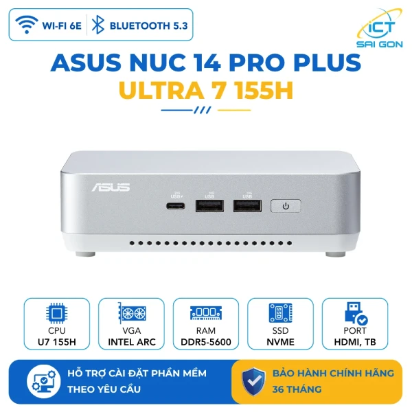 Mini PC Asus Nuc 14 Pro Plus RNUC14RVSU700000I Ultra 7 155H/ 2x DDR5-5600/ SSD NVMe/ WiFi 6E (Barebone)