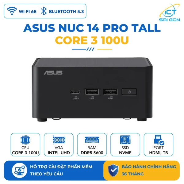 Mini PC Asus NUC 14 PRO Tall RNUC14RVHI300001I/ Core 3- 100U/ 2xNVMe, SATA/ 2x HDMI 2.1/2x DP 1.4a/ VESA MOUNT