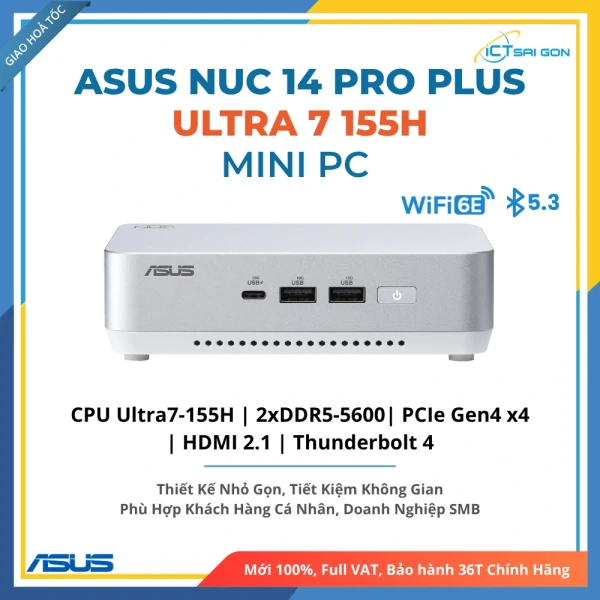 Mini PC Asus Nuc 14 Pro Plus RNUC14RVSU700000I Ultra 7 155H/ 2x DDR5-5600/ SSD NVMe/ WiFi 6E (Barebone)