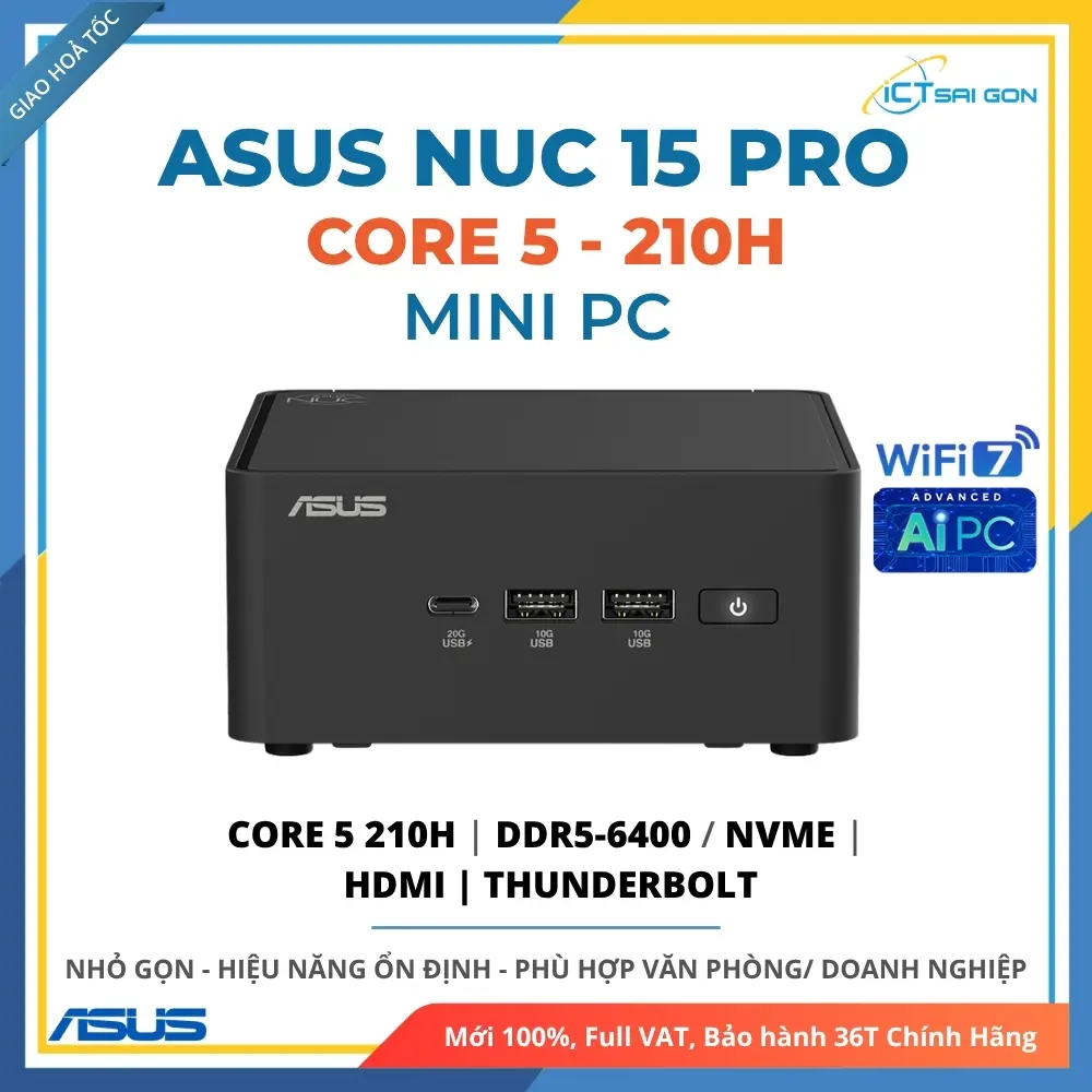 Mini PC Asus NUC 15 Pro RNUC15CRHC500000I Core5-210H/RAM DDR5-6400/SSD NVMe/Xuất hình: HDMI/Thunderbolt