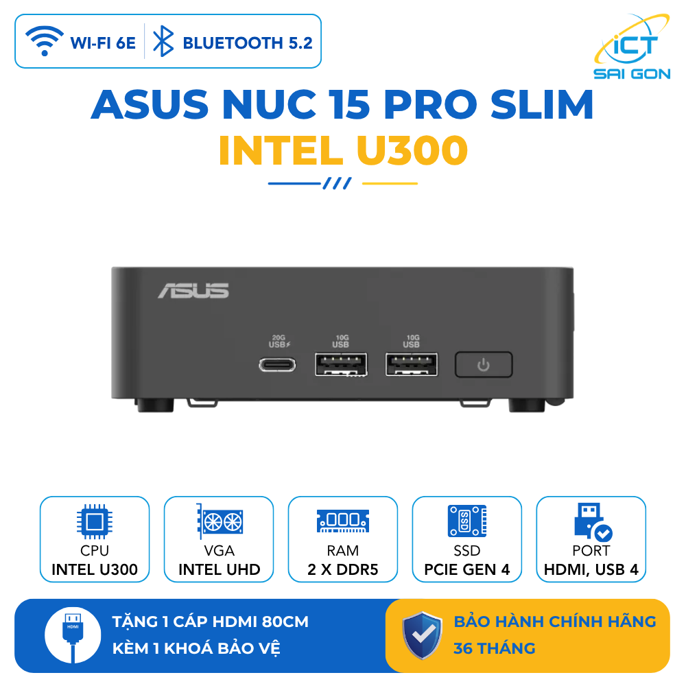 Mini PC Asus NUC 15 Pro Slim BNUC15CRLIP00000 Intel® U300/RAM DDR5 5200/SSD PCIe Gen4x4/Wi-Fi 6E, Bluetooth 5.2