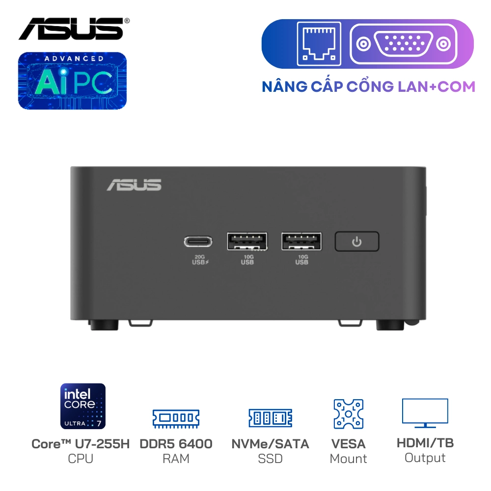 Máy Tính Công Nghiệp Asus NUC 15 Pro Tall (Dual LAN/COM) - U7 255H/SSD NVMe/WiFi 7/Kết nối 4 màn hình 4K (Barebone)