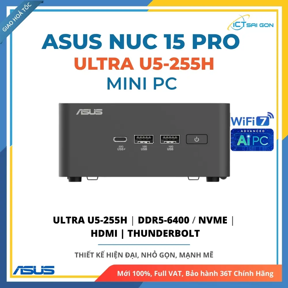 Mini PC Asus NUC 15 Pro Tall (Core Ultra 5 225H | WiFi 7) - Tùy chọn Cấu hình (Barebone / Full Option) - Hàng Chính Hãng