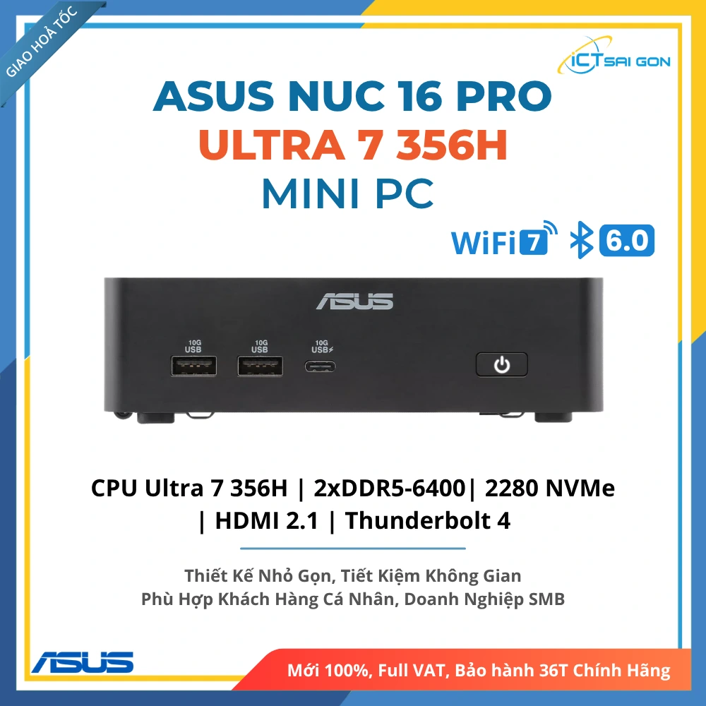 Mini PC Asus Nuc 16 Pro RNUC16GDKU760000 Ultra 7 356H/ DDR5-6400/ SSD NVMe/ WiFi 7 (Barebone)