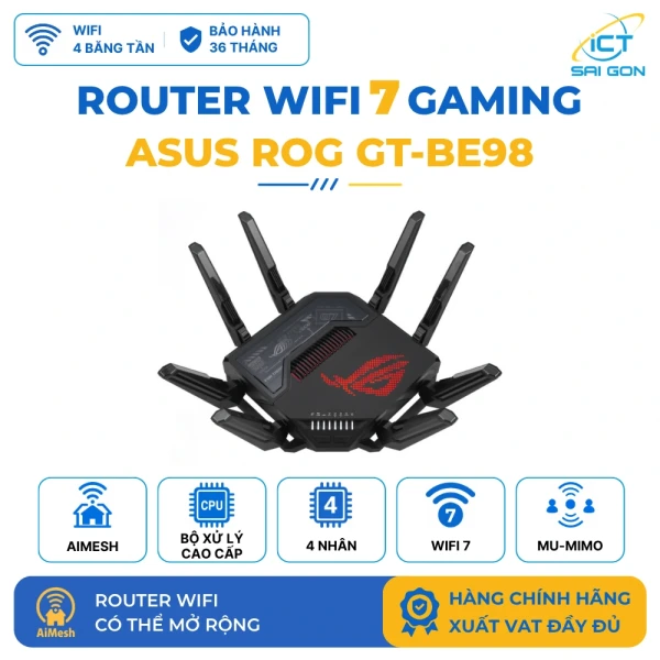 Router WiFi 7 Gaming ASUS ROG Rapture GT-BE98 BE25000 4 Băng Tần, 2 Cổng 10G, 4 Cổng 2.5G, AiMesh