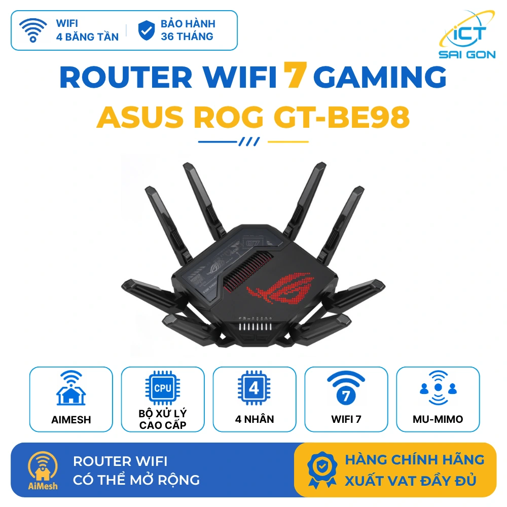 Router WiFi 7 Gaming ASUS ROG Rapture GT-BE98 BE25000 4 Băng Tần, 2 Cổng 10G, 4 Cổng 2.5G, AiMesh