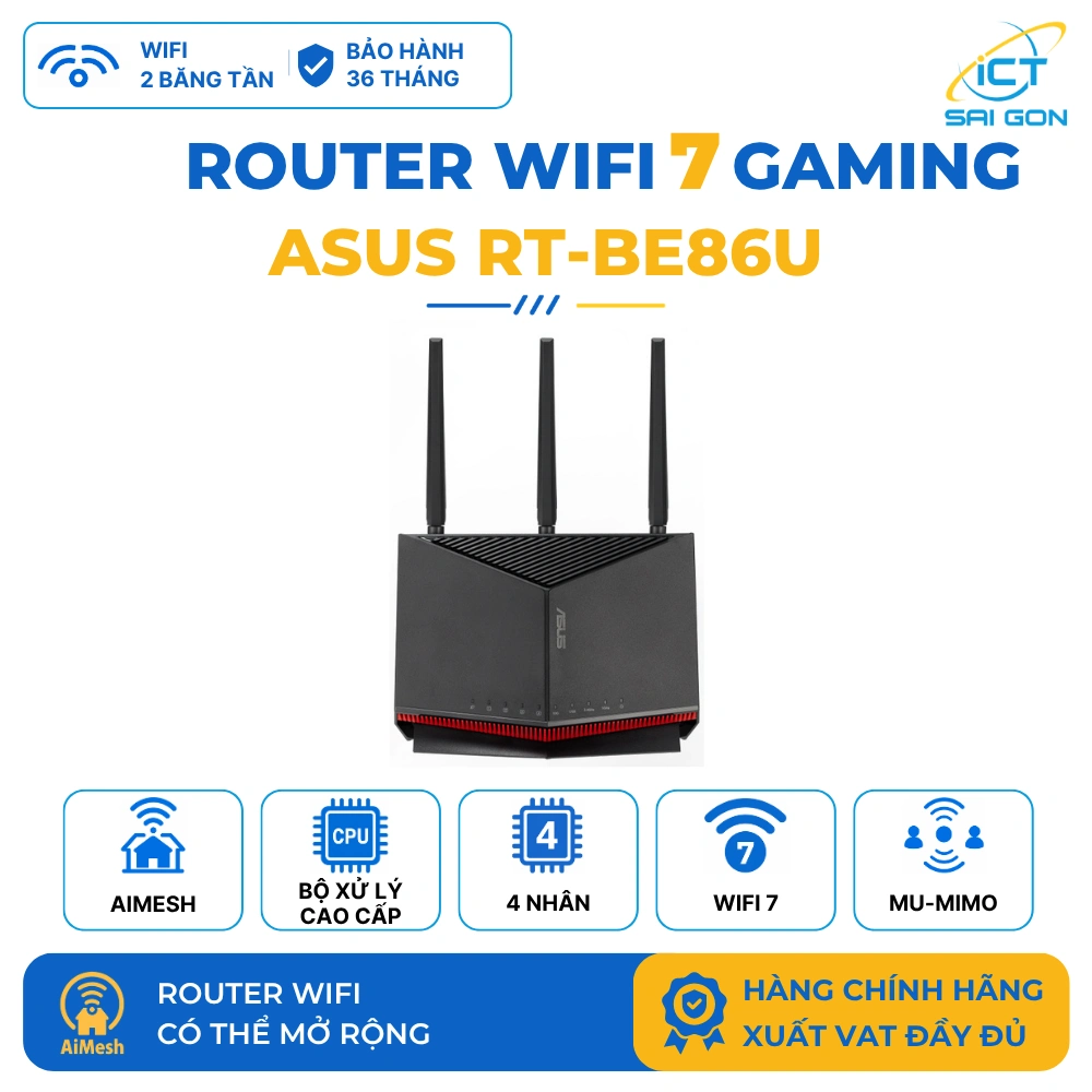 Router WiFi 7 Gaming ASUS RT-BE86U Tốc độ BE6800 2 Băng tần, 10G WAN/LAN, 10G SFP+, AiMesh