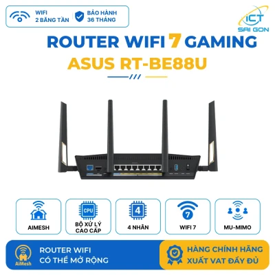 Router WiFi 7 Gaming ASUS RT-BE88U Tốc độ BE7200 2 Băng tần, 10G WAN/LAN, 10G SFP+, AiMesh