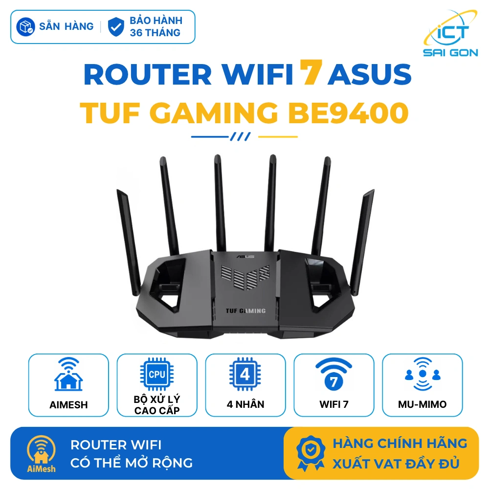 Router WiFi 7 ASUS TUF Gaming BE9400 3 Băng tần, 4 cổng 2.5G, Smart Home Master, AiMesh