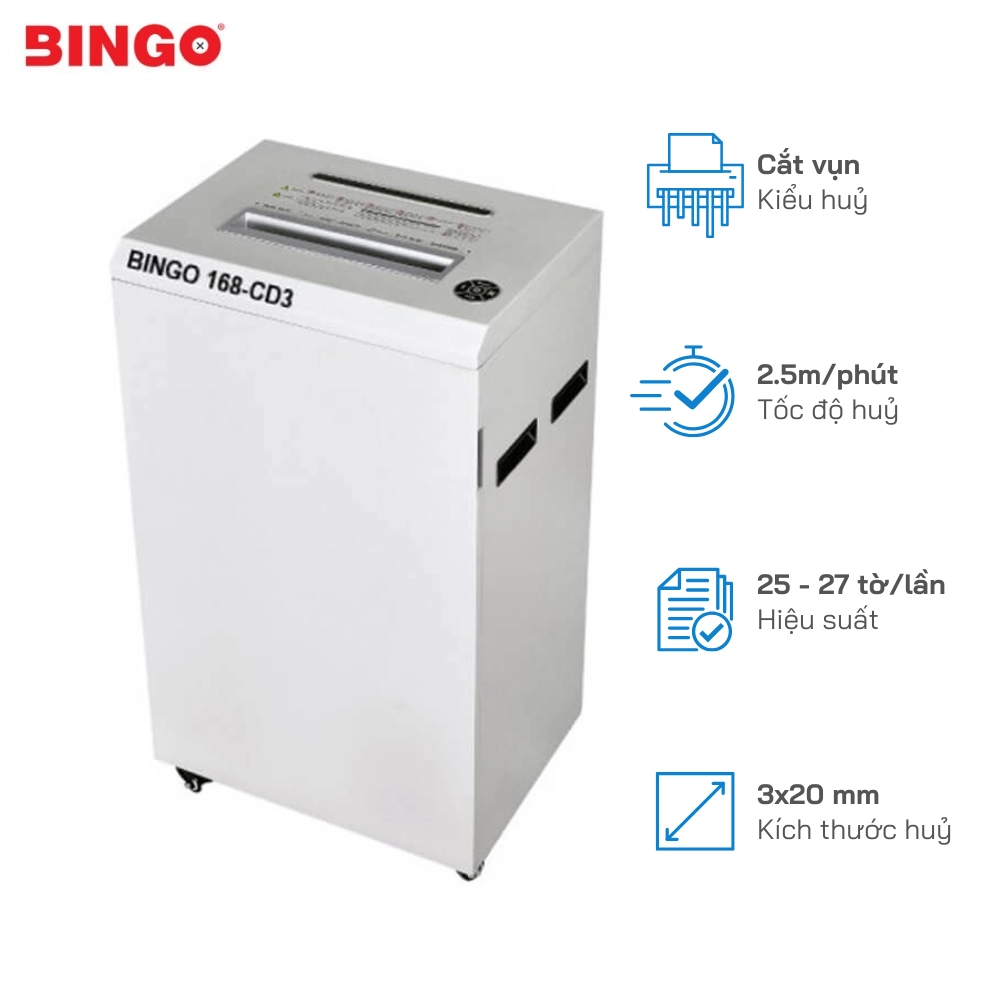 Máy hủy tài liệu công nghiệp Bingo 168-CD3 | Huỷ vụn 25 tờ/lần với Tốc độ 2.5m/phút