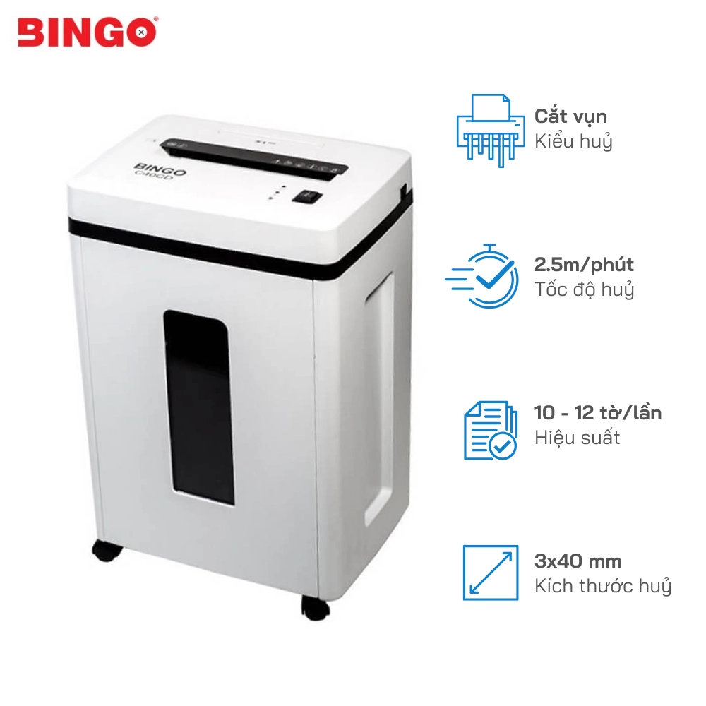 Máy hủy giấy Bingo C40CD - Hủy vụn nhanh, an toàn, tiện lợi - Số tờ hủy/ lần : 12 tờ