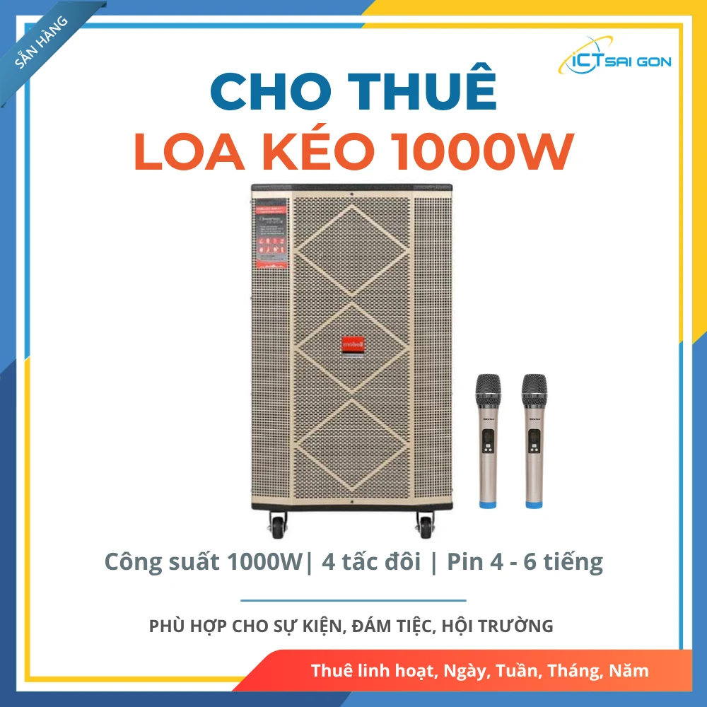 Cho thuê Loa kéo 1000W Công suất lớn 4 tấc đôi | Pin 4 - 6 tiếng | Kèm Micro, Dây sạc, Remote