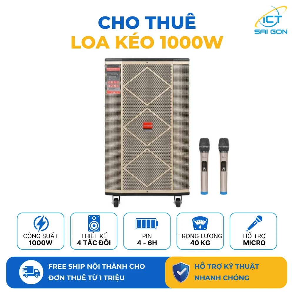Cho thuê Loa kéo 1000W Công suất lớn 4 tấc đôi | Pin 4 - 6 tiếng | Kèm Micro, Dây sạc, Remote