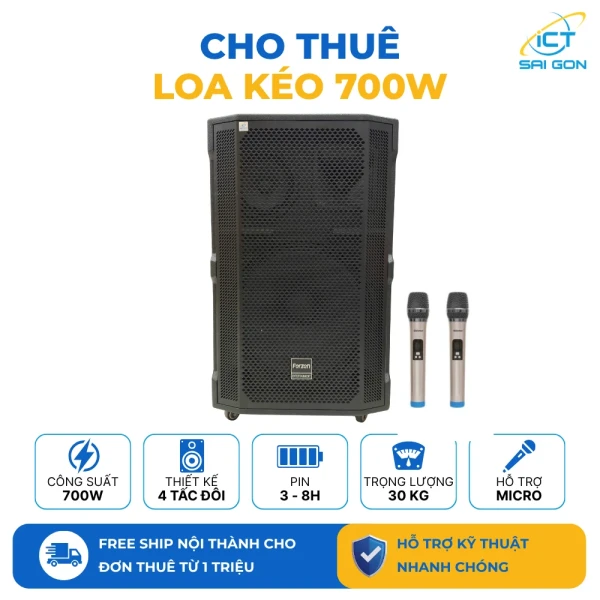 Cho thuê Loa kéo 700W Công suất lớn 4 tấc đôi | Pin 3 - 8 tiếng | Kèm Micro, Dây sạc, Remote