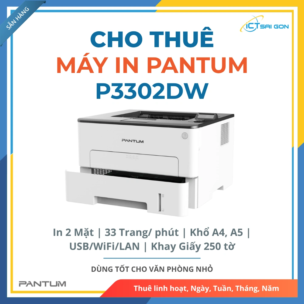 Cho thuê Máy in trắng đen Pantum P3302DW | In 2 mặt, Tốc độ in 33 trang/phút | Kết nối USB/WiFi/LAN