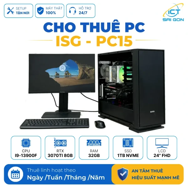 Cho thuê PC Render, Thiết kế đồ hoạ ISG-PC15 | Core i9-13900F/ RTX 3070Ti 8GB/ 32GGB/ 1TB/ LCD 24" FHD