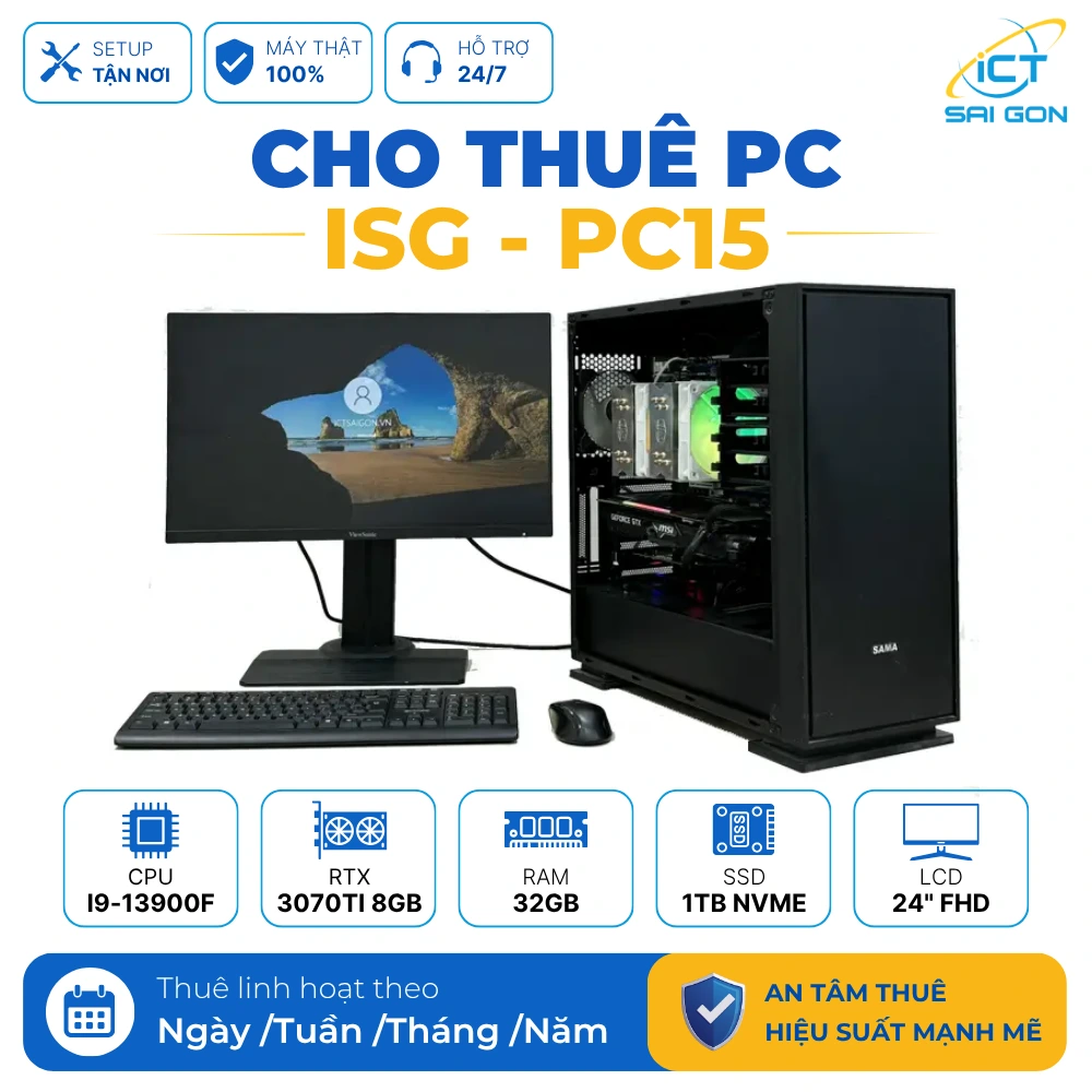 Cho thuê PC Render, Thiết kế đồ hoạ ISG-PC15 | Core i9-13900F/ RTX 3070Ti 8GB/ 32GGB/ 1TB/ LCD 24" FHD