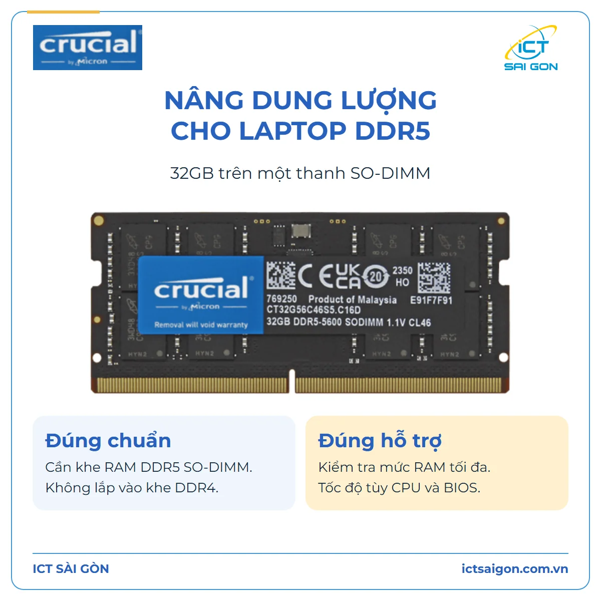 RAM Laptop Crucial 32GB DDR5-5600 SO-DIMM — CT32G56C46S5