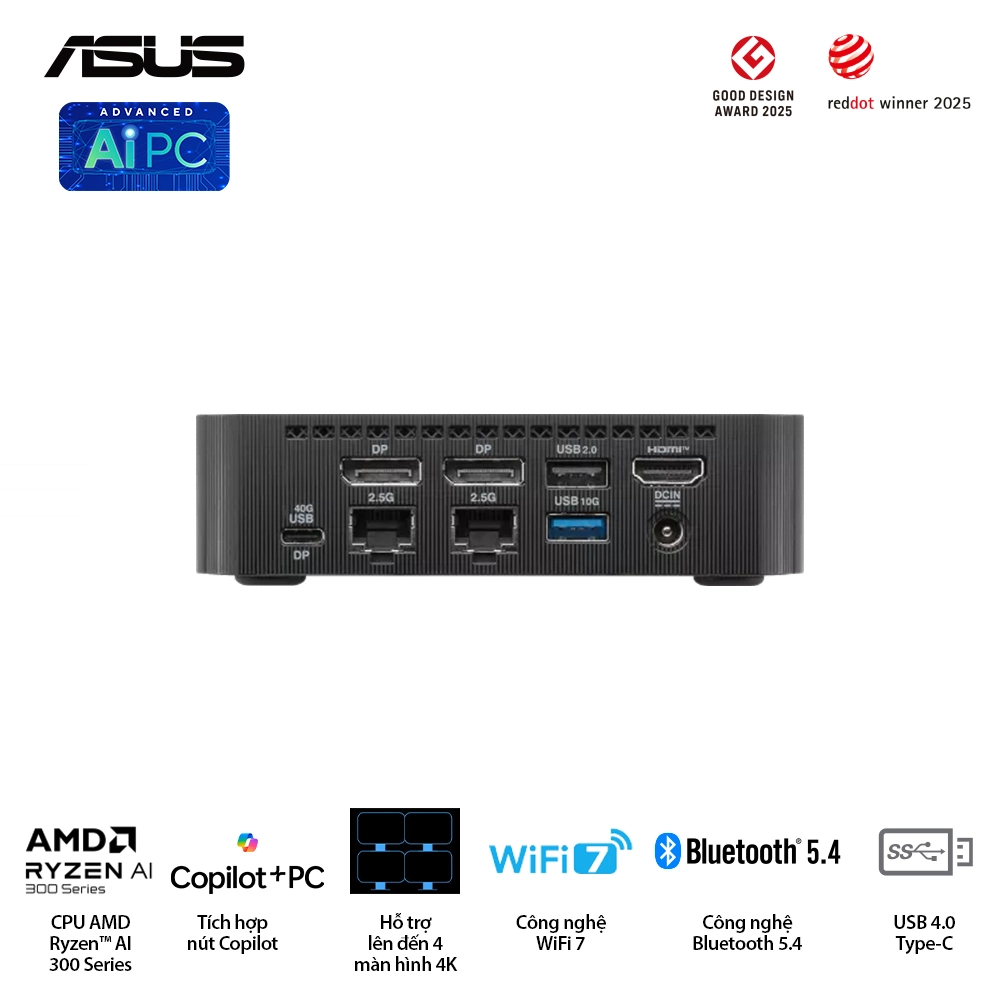 Mini PC Asus PN54-B-S70032MN AMD Ryzen AI 7 350/WiFi 6E/LAN 2.5G. Xuất hình: HDMI, DisplayPort