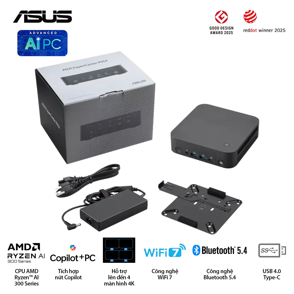 Mini PC Asus PN54-B-S70032MN AMD Ryzen AI 7 350/WiFi 6E/LAN 2.5G. Xuất hình: HDMI, DisplayPort