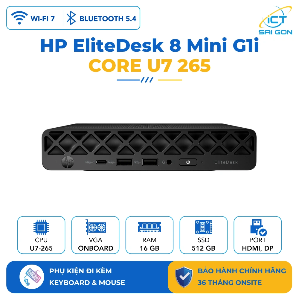 Máy bộ HP EliteDesk 8 Mini G1i/ Intel Core U7 265/ 16GB DDR5 5600/ SSD 512GB/ W11H/ Wireless Mouse & Keyboard