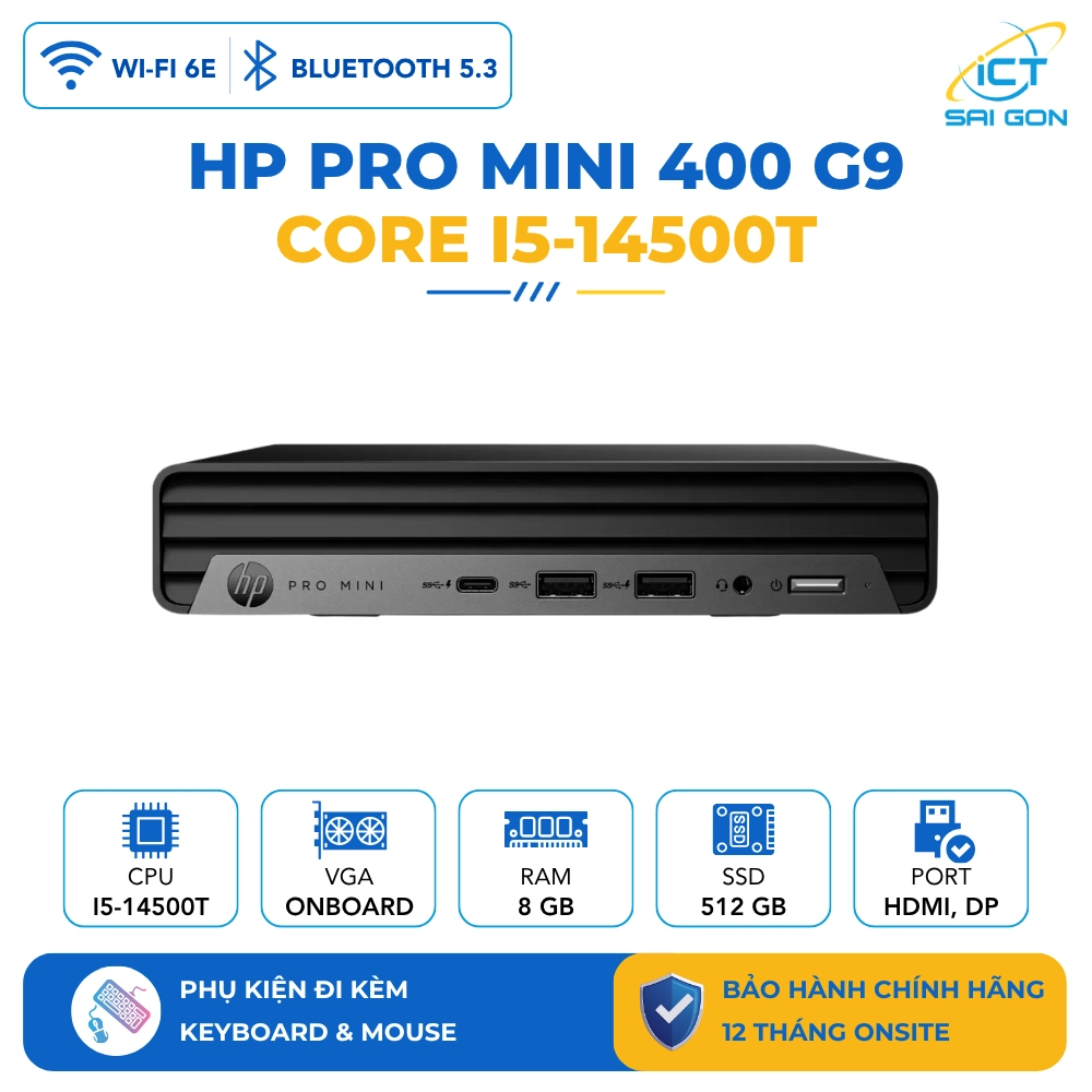 Mini PC HP Pro Mini 400 G9 Core i5-14500T, Ram 8GB, SSD 256GB, Windows 11, Wifi 6E, New