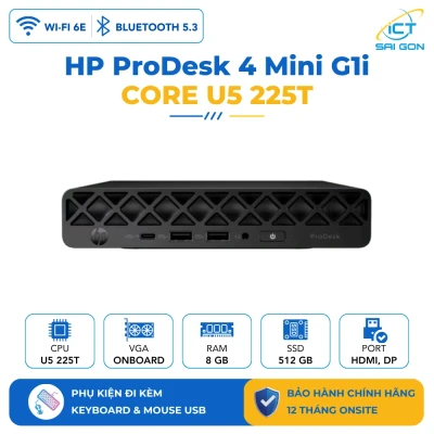 Máy bộ HP ProDesk 4 Mini G1i/ Intel Core U5 225T/ 8GB DDR5 5600/ SSD 512GB/ USB Mouse & Keyboard/ 1Y Onsite