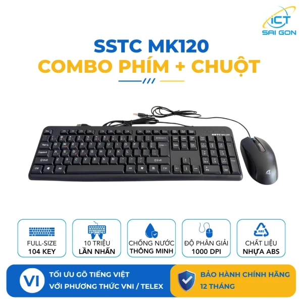 Combo bàn phím+chuột có dây SSTC MK120 Black (104 Key Full-size, Mouse 1000 DPI)