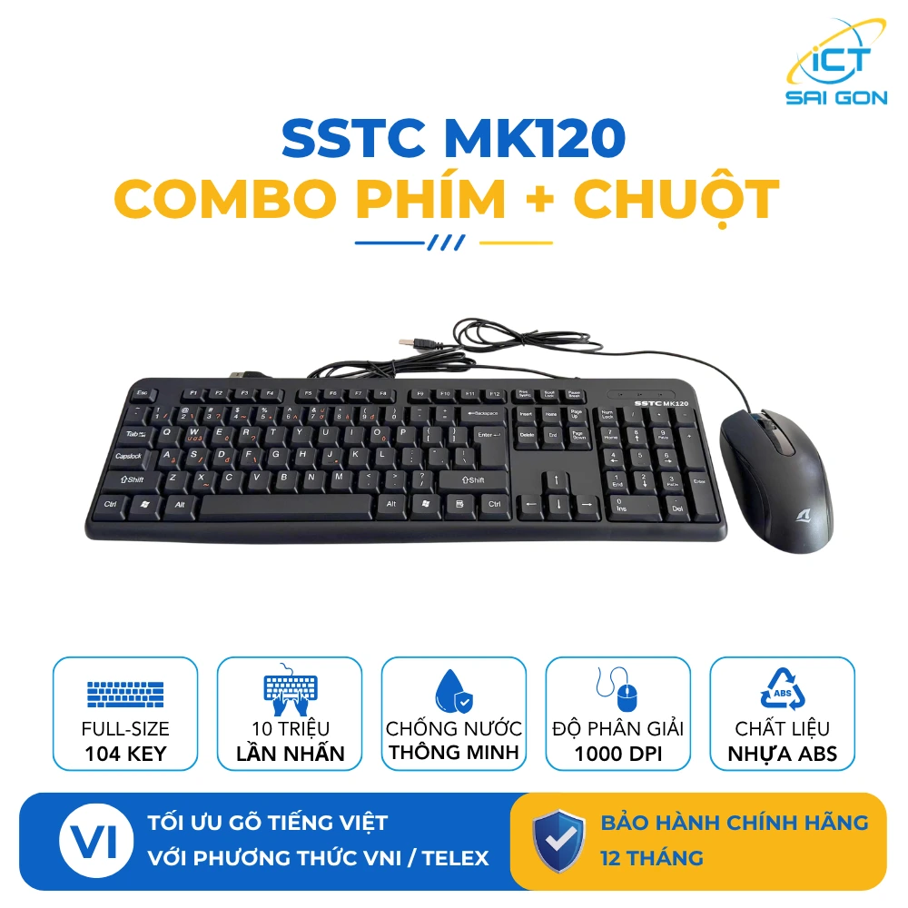 Combo bàn phím+chuột có dây SSTC MK120 Black (104 Key Full-size, Mouse 1000 DPI)