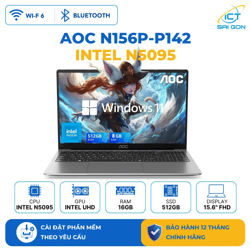 Laptop AOC N156P-P142 Intel N5095/ 15.6" FHD/ 250NITS/ 16GB DDR4/ 512GB SSD/ TPM/ Keyboard Backlight/ Pringles/ Wifi+ BT