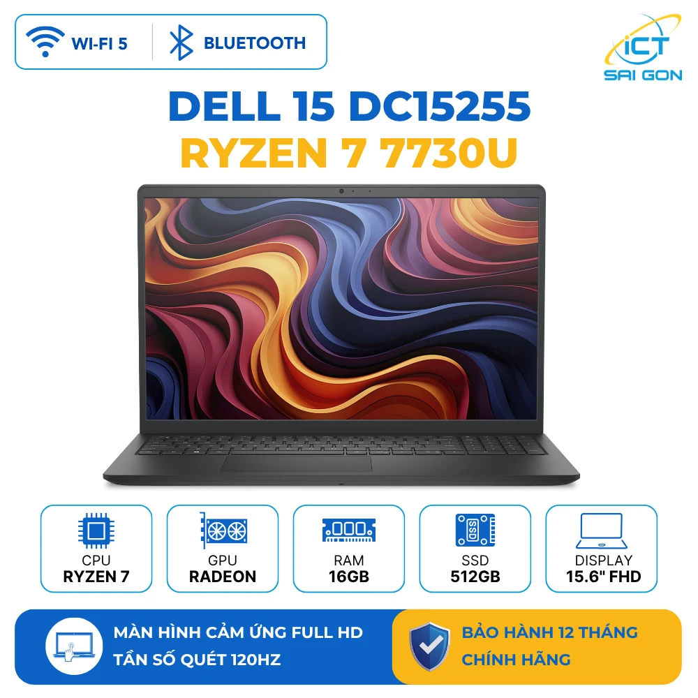 Laptop Dell 15 DC15255-A1175 Ryzen 7 7730U/ Ram 16GB/ SSD 512GB NVMe/ Màn hình cảm ứng 15.6" FHD