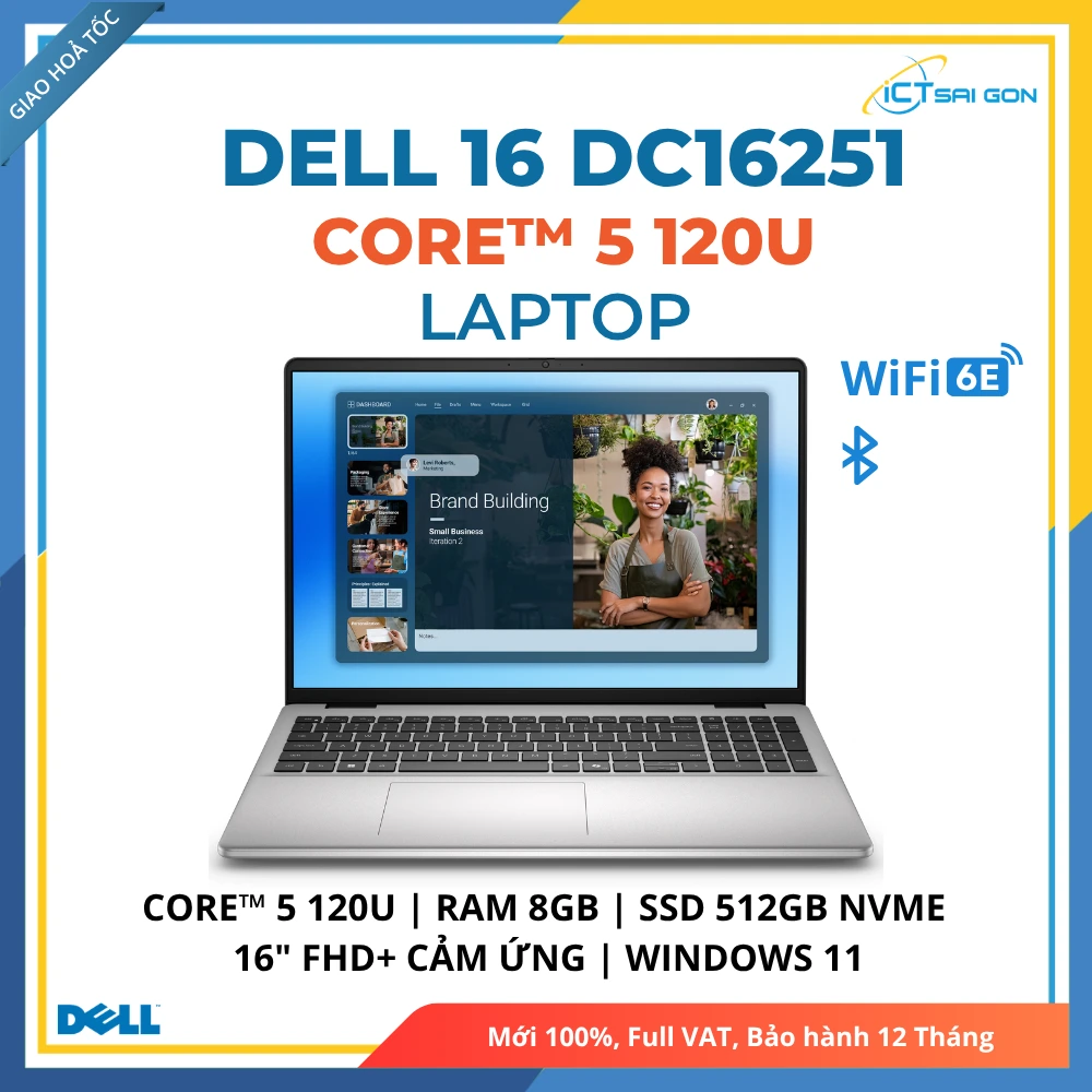 Laptop Dell 16 DC16251 Core 5 120U/ Ram 8GB/ SSD 512GB NVMe/ Màn hình cảm ứng 16" FHD+ (LDC16251-5506SLV-PUS)