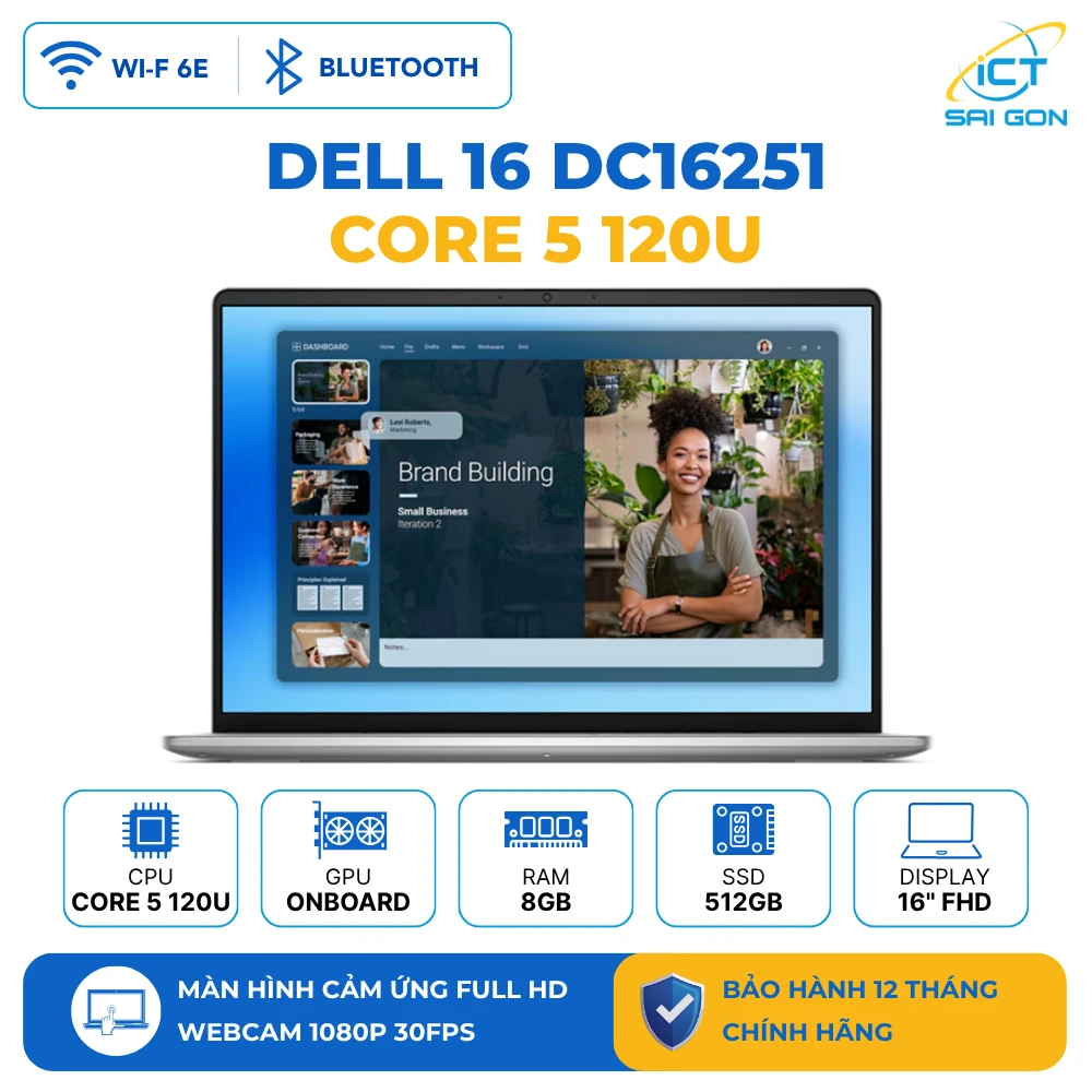 Laptop Dell 16 DC16251 Core 5 120U/ Ram 8GB/ SSD 512GB NVMe/ Màn hình cảm ứng 16" FHD+ (LDC16251-5506SLV-PUS)