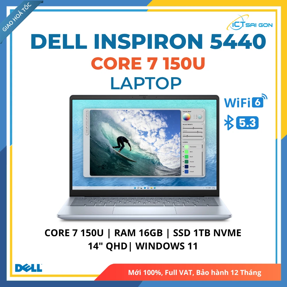 Laptop Dell Inspiron 5440 Core™ 7 150U/ Ram 16GB/ SSD 1TB NVMe/ Màn hình 14" QHD 300Nits/ Windows 11 Ice Blue
