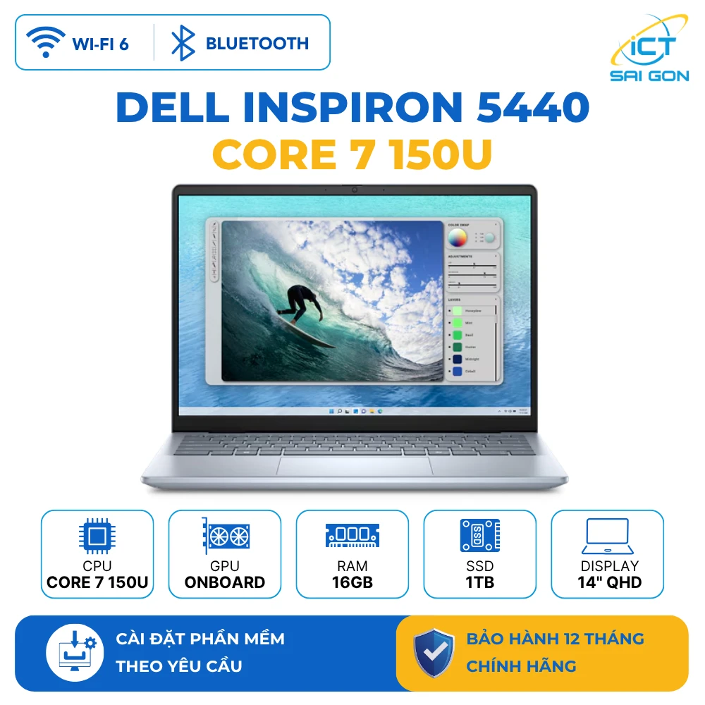 Laptop Dell Inspiron 5440 Core™ 7 150U/ Ram 16GB/ SSD 1TB NVMe/ Màn hình 14" QHD 300Nits/ Ice Blue