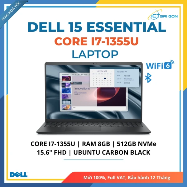 Laptop Dell Pro 15 Essential Core i7-1355U/ Ram 8GB / SSD 512GB / Màn hình 15.6" FHD Ubuntu Carbon Black
